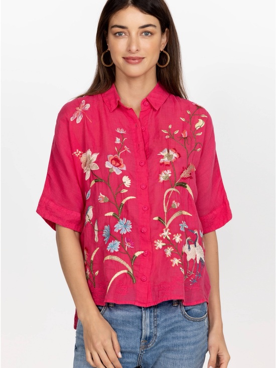 Johnny Was Tops - JOHNNY WAS Geniveve Relaxed Dolman Shirt Embroidered Floral Birds